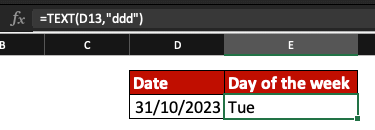 Excel screenshot of the TEXT formula.