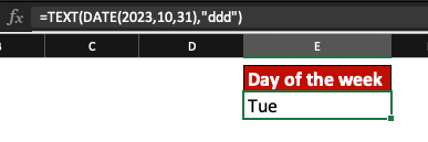 Excel screenshot highlighting the formula =TEXT(D13,"ddd").