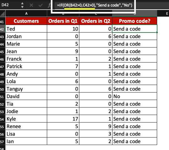 Example of IF function with 2 conditions in Excel.
=IF(OR(B42>0,C42>0),"Send a code","No")