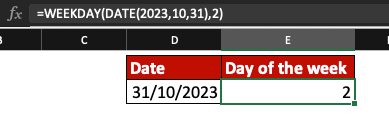 Excel screenshot with Date = 31/10/2023 and Day of the week = 2.