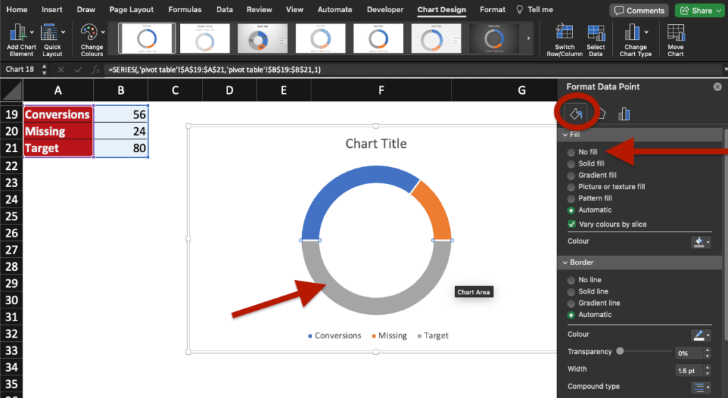 Image of a doughnut chart in Excel with steps highlighted to transform it into a gauge chart.