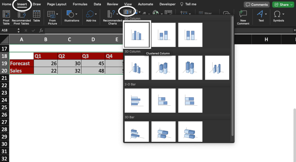 Screenshot of Excel with Insert tab and 2D clustered column chart option highlighted.