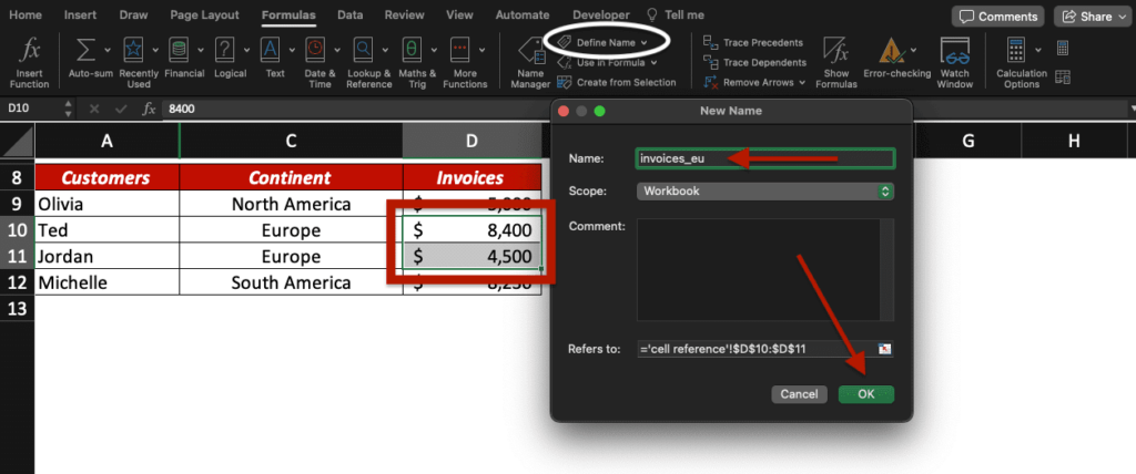 User is defining name of a range in Excel after pressing Control+L.