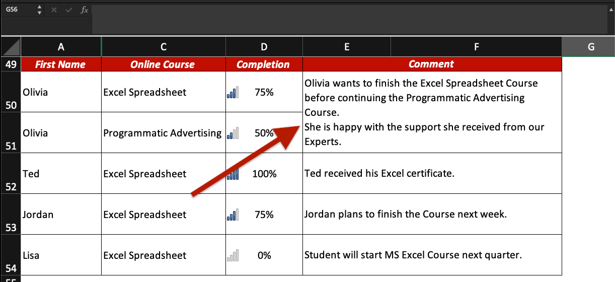 Excel cell with multiple lines after using a shortcut.