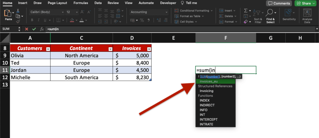 User is typing a formula using range name "invoice_eu" in MS Excel.