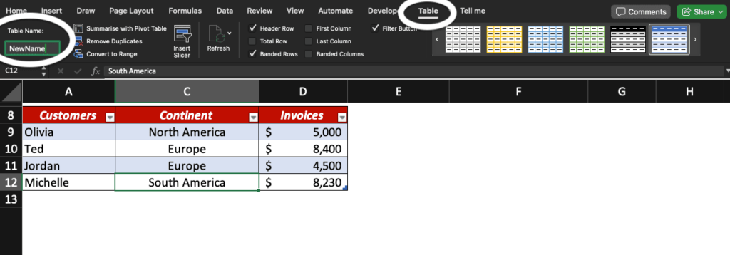 Position of field to rename an Excel table.