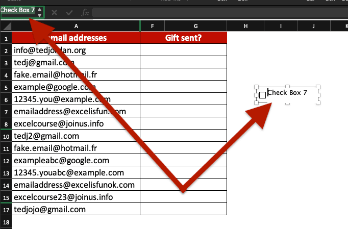 A checkbox is added to an Excel spreadsheet.