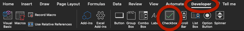 Developer and Checkbox options in Excel.