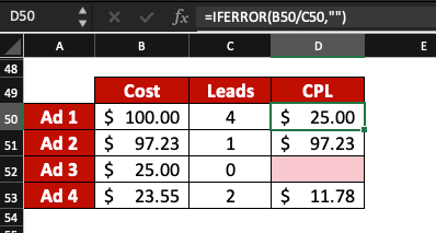 Get rid of DIV/0 error and replace it by colour. Example in Excel.