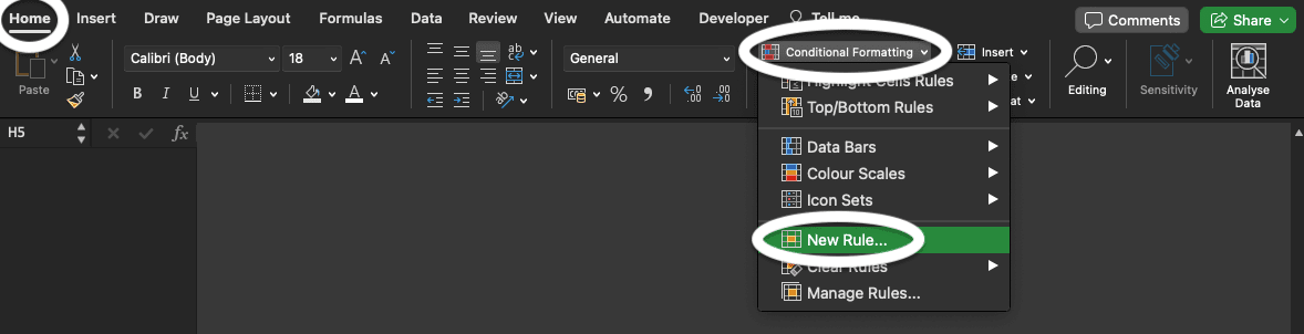 Home, Conditional Formatting and New Rule… buttons in Microsoft Excel.