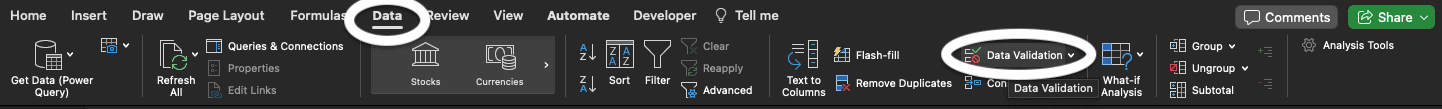 Data and Data Validation buttons highlighted.