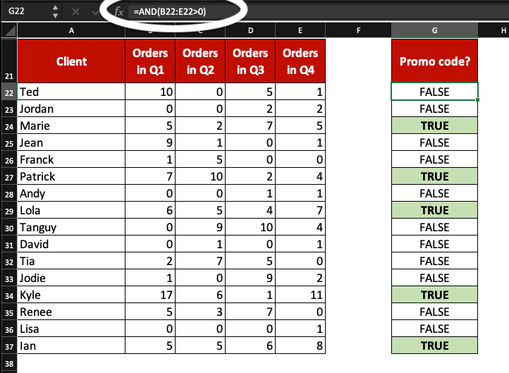 Example of a AND formula in Excel.