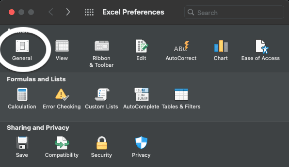 Excel Preferences window with General category.