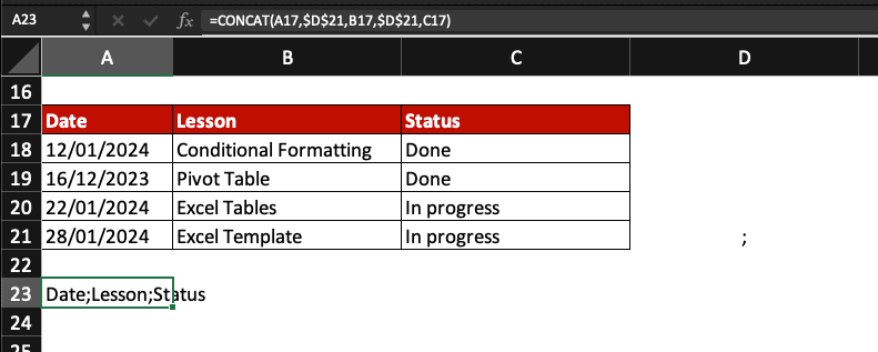 Columns are converted to semicolon list thanks to the CONCAT function.