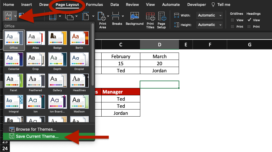 Page layout, Themes and Save Current Theme… buttons highlighted in Excel.