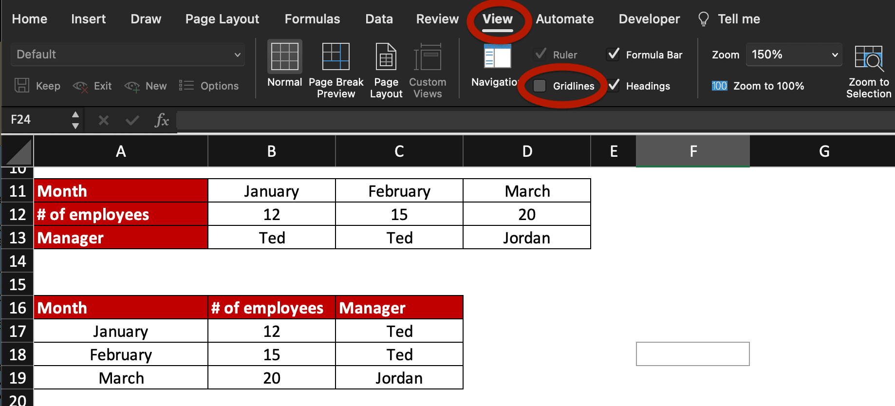 How to remove gridlines in Excel: view, gridlines.