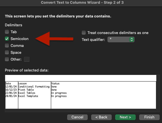 Convert text to columns wizard too with Semicolon ticked.