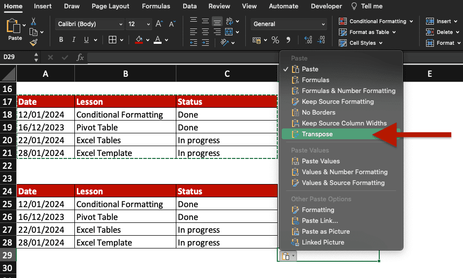 Where to find TRANSPOSE in Excel.